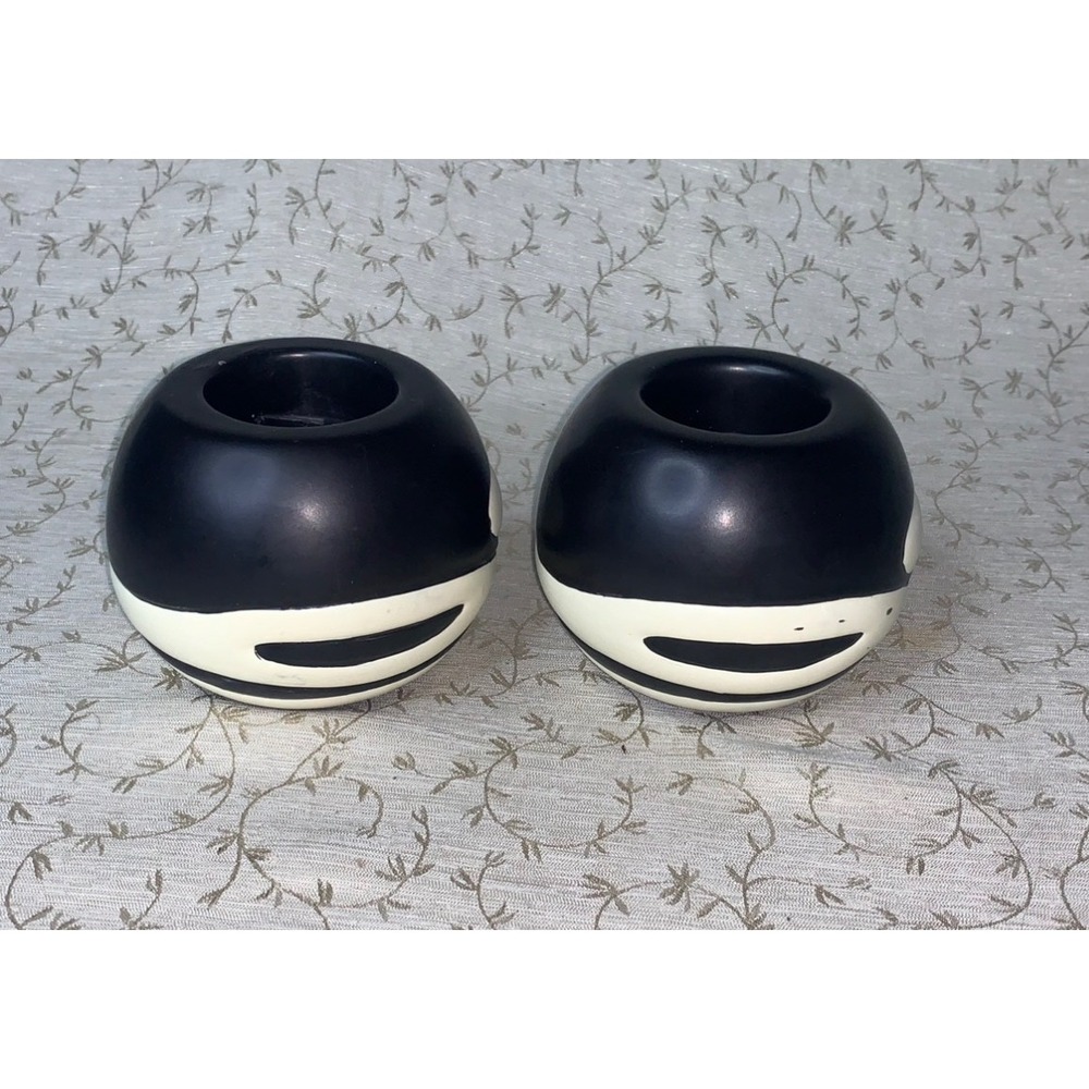 PartyLite African Inspiration Retired Ceramic Candle Holder Set of 2 Black White - Picture 3 of 14